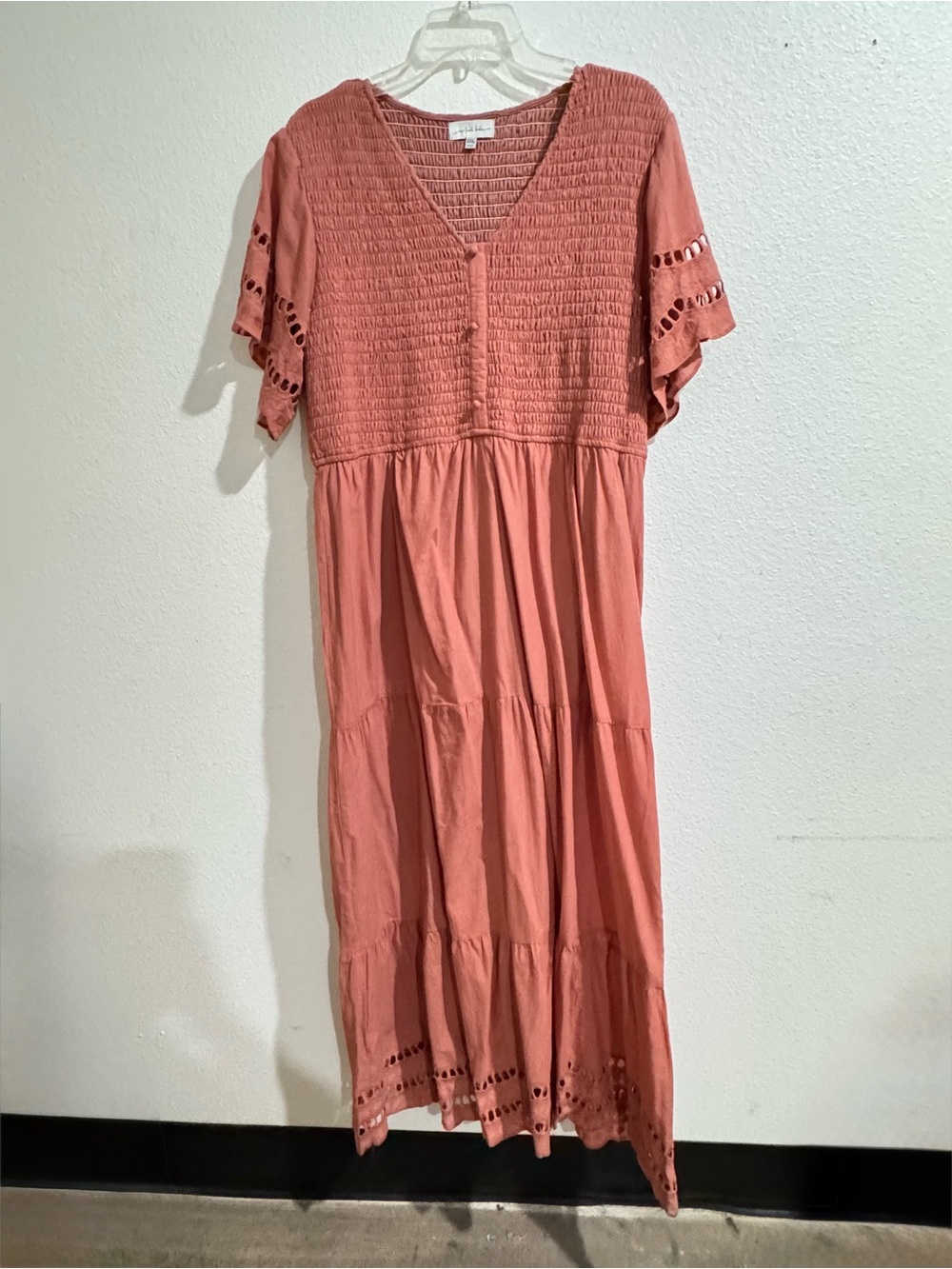 Smocked V-Neck Maxi Dress in Coral